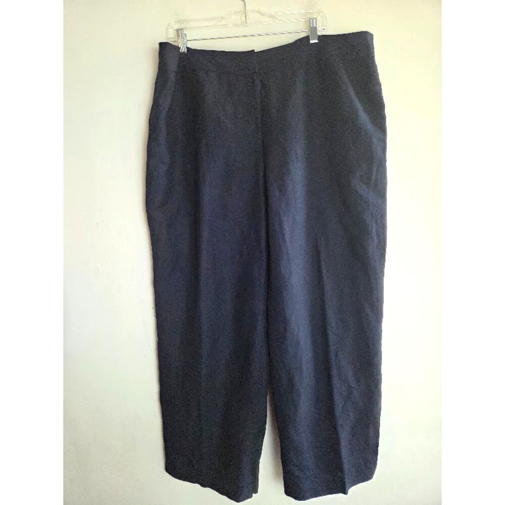 Kate Hill Women Navy Blue Linen Blend Straight Leg Trouser Pants size 22WPetite